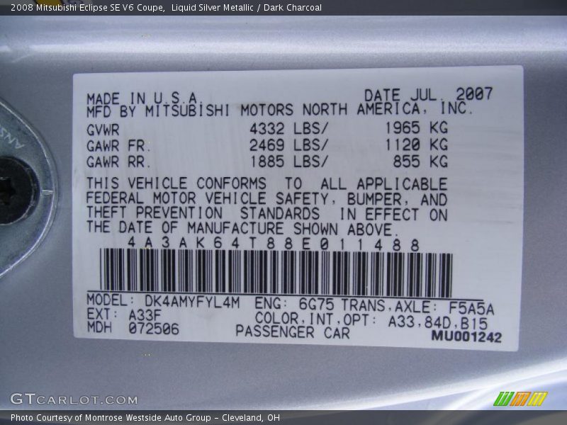 2008 Eclipse SE V6 Coupe Liquid Silver Metallic Color Code A33
