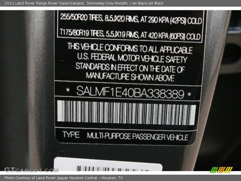 Info Tag of 2011 Range Rover Supercharged