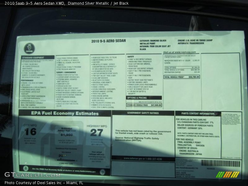  2010 9-5 Aero Sedan XWD Window Sticker