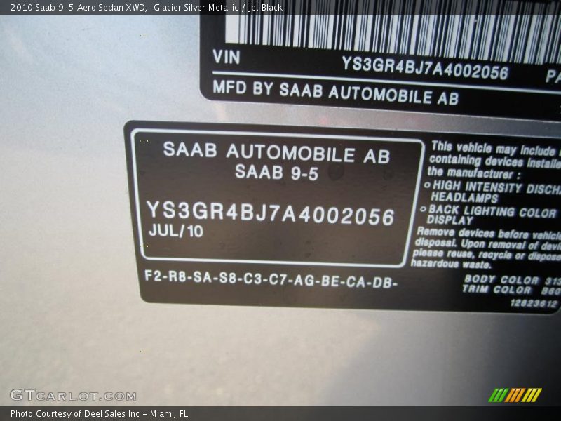 Info Tag of 2010 9-5 Aero Sedan XWD