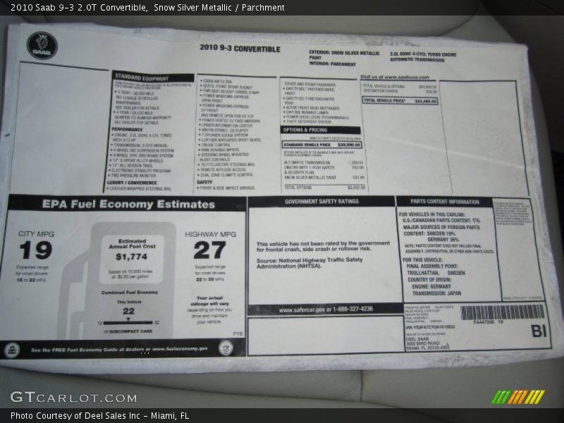  2010 9-3 2.0T Convertible Window Sticker