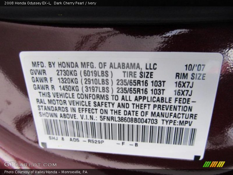 Dark Cherry Pearl / Ivory 2008 Honda Odyssey EX-L