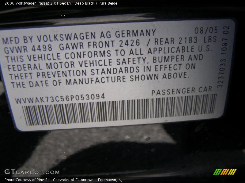 Deep Black / Pure Beige 2006 Volkswagen Passat 2.0T Sedan