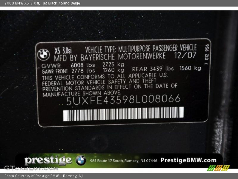 Jet Black / Sand Beige 2008 BMW X5 3.0si