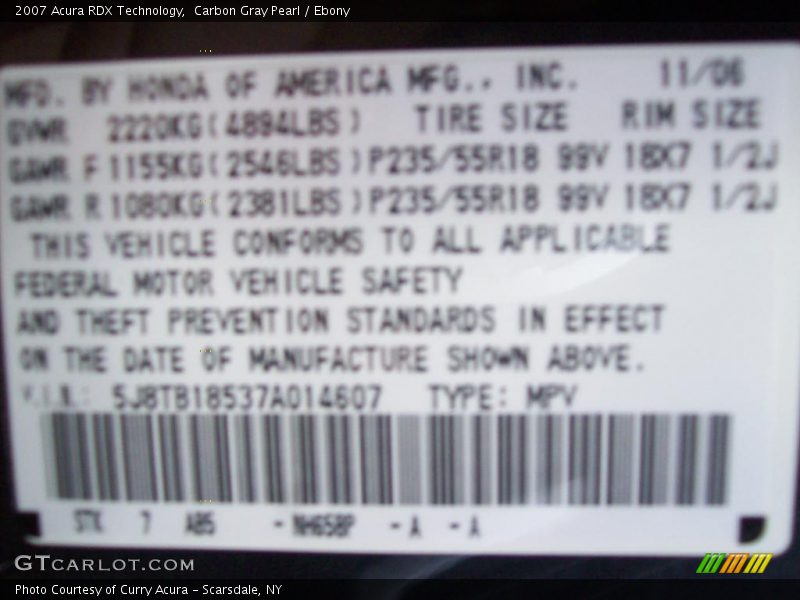Carbon Gray Pearl / Ebony 2007 Acura RDX Technology