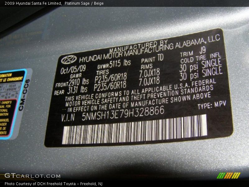 2009 Santa Fe Limited Platinum Sage Color Code TD