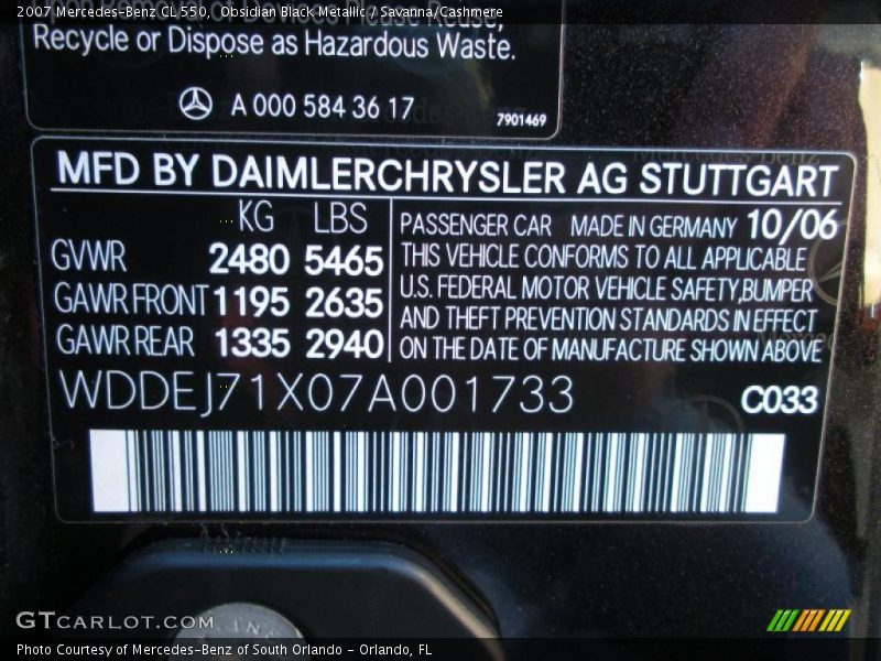 Obsidian Black Metallic / Savanna/Cashmere 2007 Mercedes-Benz CL 550