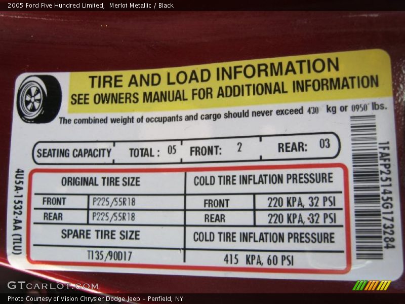 Info Tag of 2005 Five Hundred Limited
