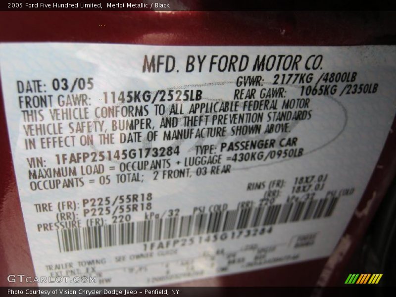 2005 Five Hundred Limited Merlot Metallic Color Code FX