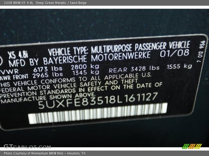 Deep Green Metallic / Sand Beige 2008 BMW X5 4.8i