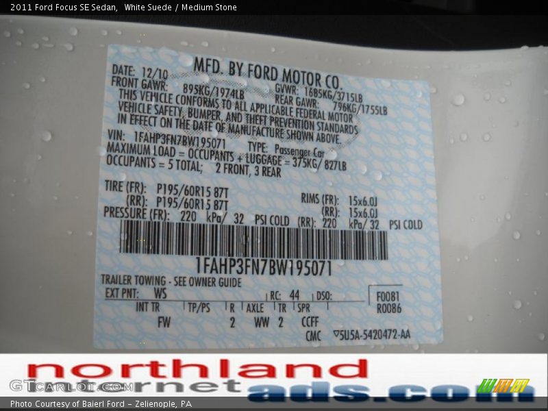 White Suede / Medium Stone 2011 Ford Focus SE Sedan