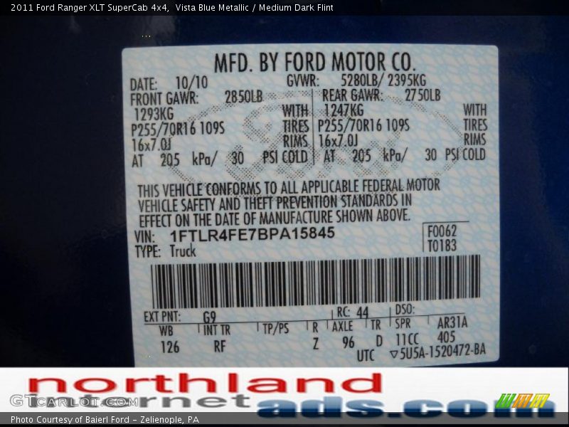 Vista Blue Metallic / Medium Dark Flint 2011 Ford Ranger XLT SuperCab 4x4