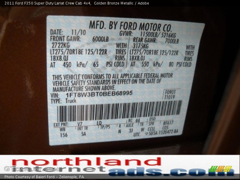 2011 F350 Super Duty Lariat Crew Cab 4x4 Golden Bronze Metallic Color Code V7