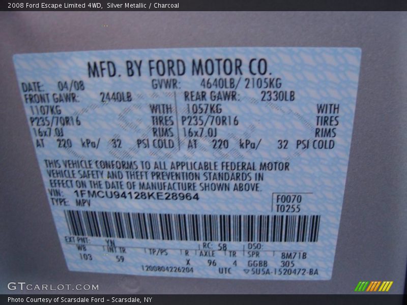 Silver Metallic / Charcoal 2008 Ford Escape Limited 4WD