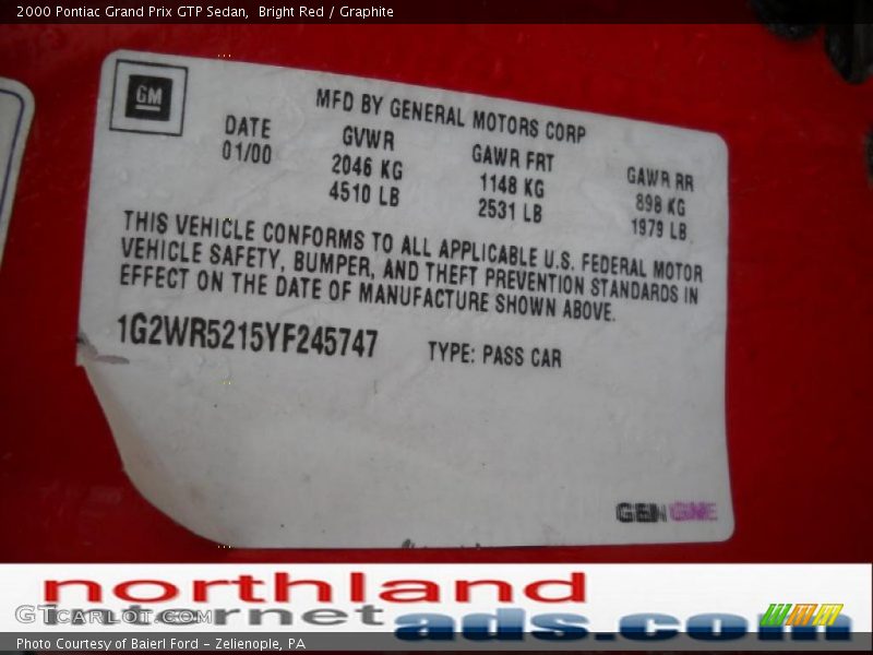 Bright Red / Graphite 2000 Pontiac Grand Prix GTP Sedan