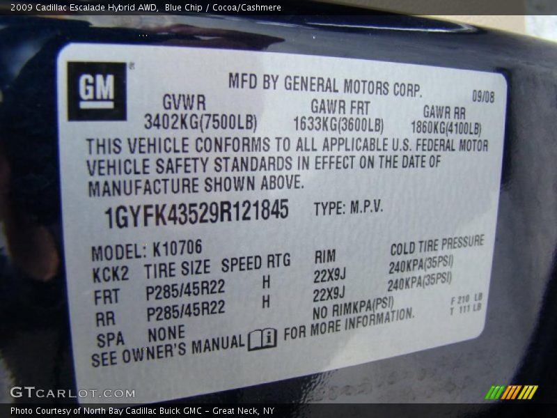 Info Tag of 2009 Escalade Hybrid AWD