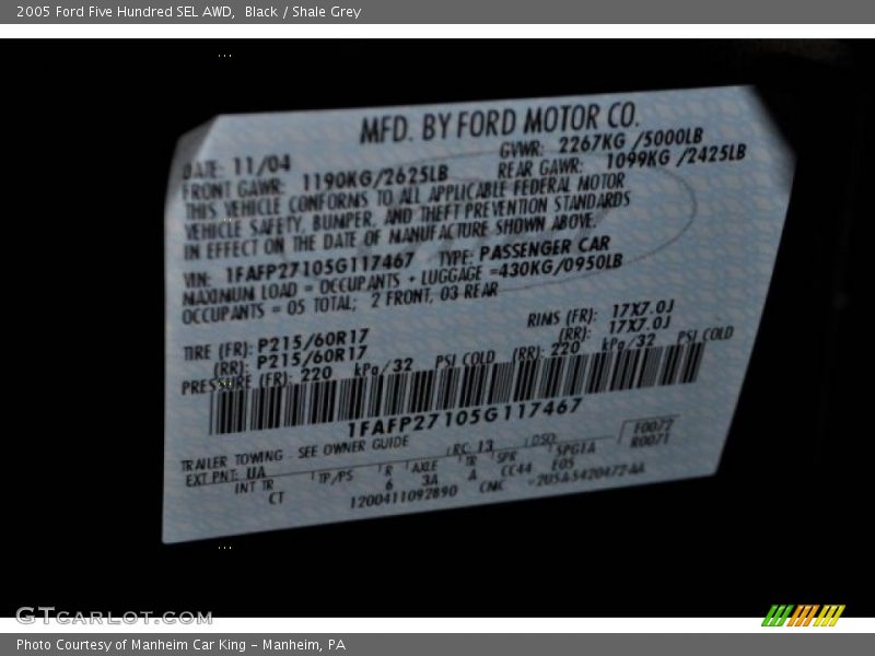 Black / Shale Grey 2005 Ford Five Hundred SEL AWD