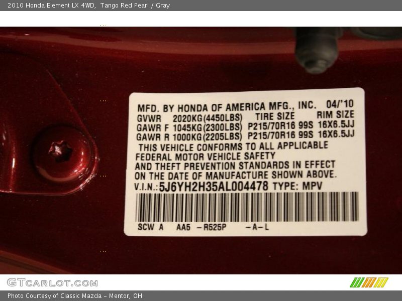 2010 Element LX 4WD Tango Red Pearl Color Code R525P