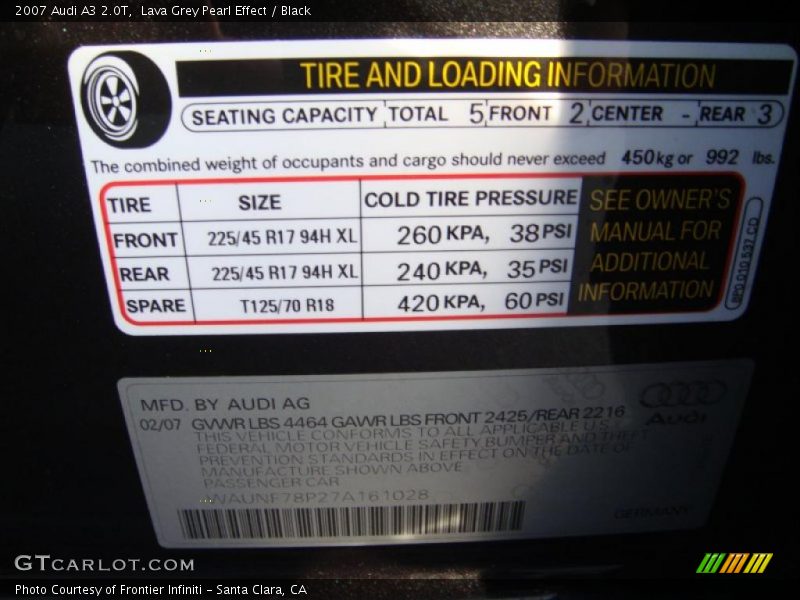 Info Tag of 2007 A3 2.0T