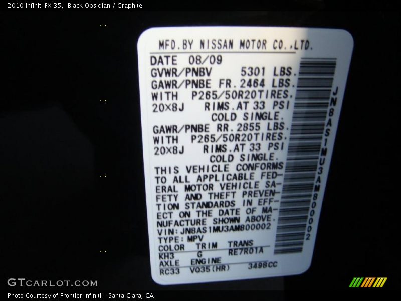 2010 FX 35 Black Obsidian Color Code KH3