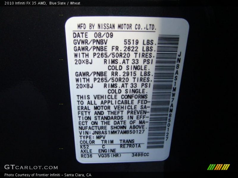 2010 FX 35 AWD Blue Slate Color Code K52