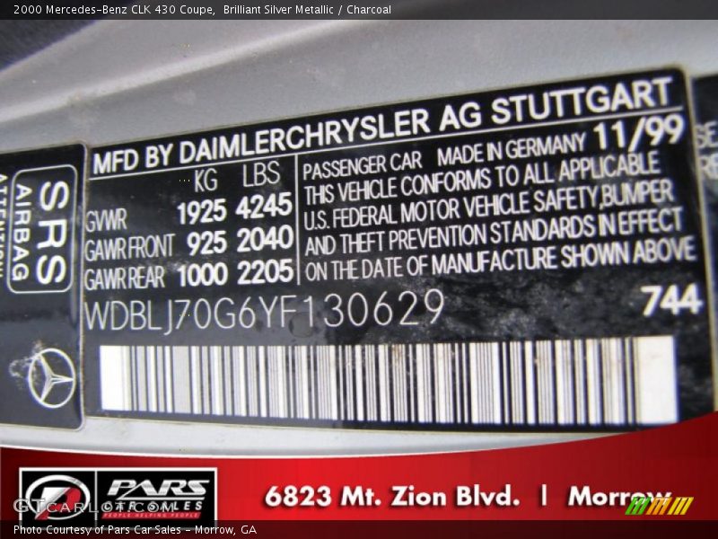 Brilliant Silver Metallic / Charcoal 2000 Mercedes-Benz CLK 430 Coupe