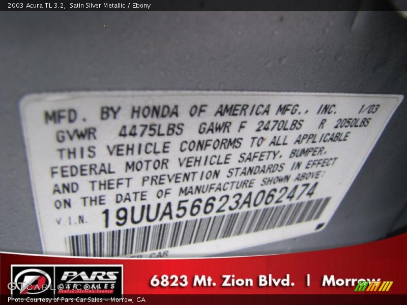 Satin Silver Metallic / Ebony 2003 Acura TL 3.2