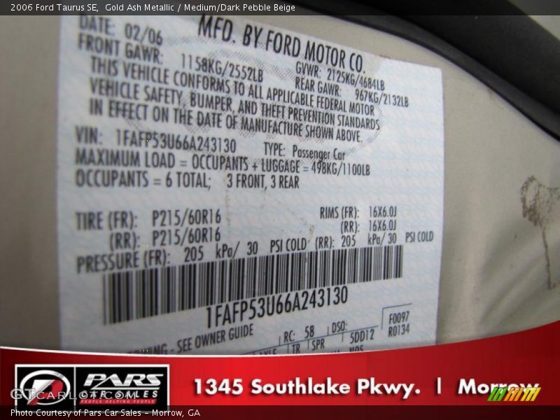 Gold Ash Metallic / Medium/Dark Pebble Beige 2006 Ford Taurus SE