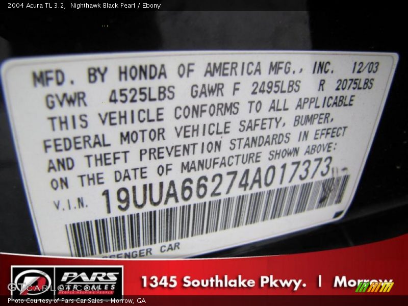 Nighthawk Black Pearl / Ebony 2004 Acura TL 3.2