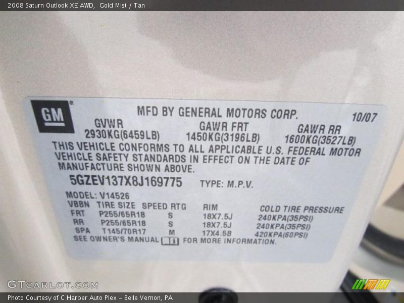 Info Tag of 2008 Outlook XE AWD