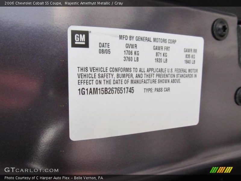 Info Tag of 2006 Cobalt SS Coupe