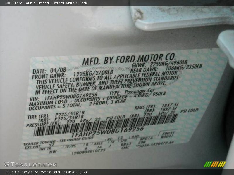 Oxford White / Black 2008 Ford Taurus Limited