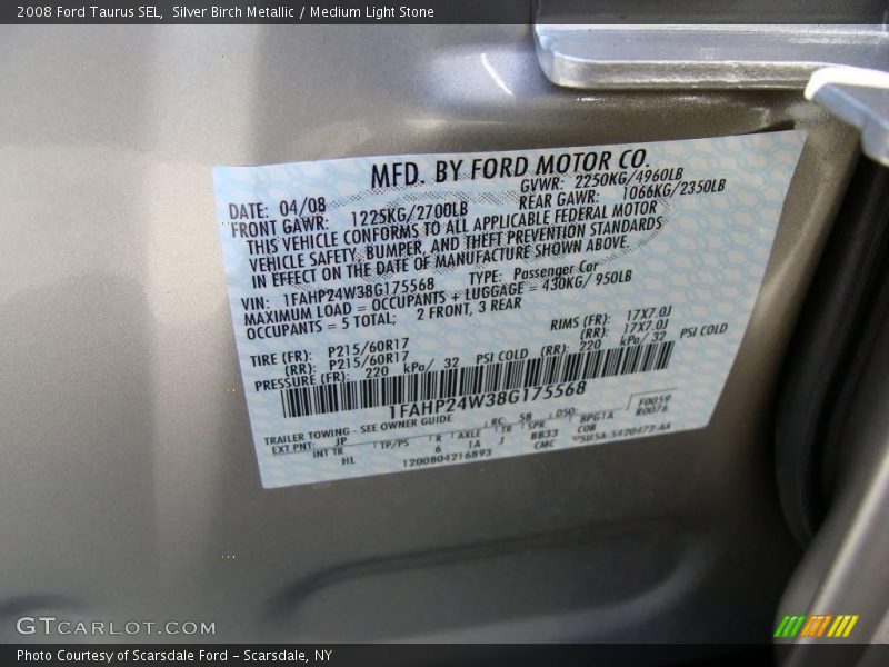 Silver Birch Metallic / Medium Light Stone 2008 Ford Taurus SEL