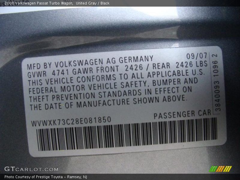 Info Tag of 2008 Passat Turbo Wagon