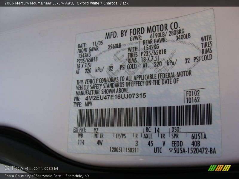 Oxford White / Charcoal Black 2006 Mercury Mountaineer Luxury AWD