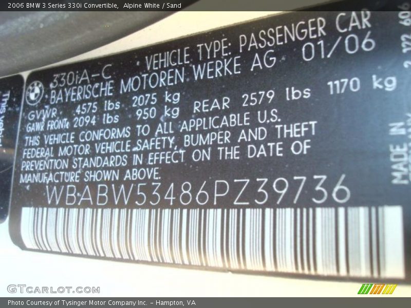 Alpine White / Sand 2006 BMW 3 Series 330i Convertible