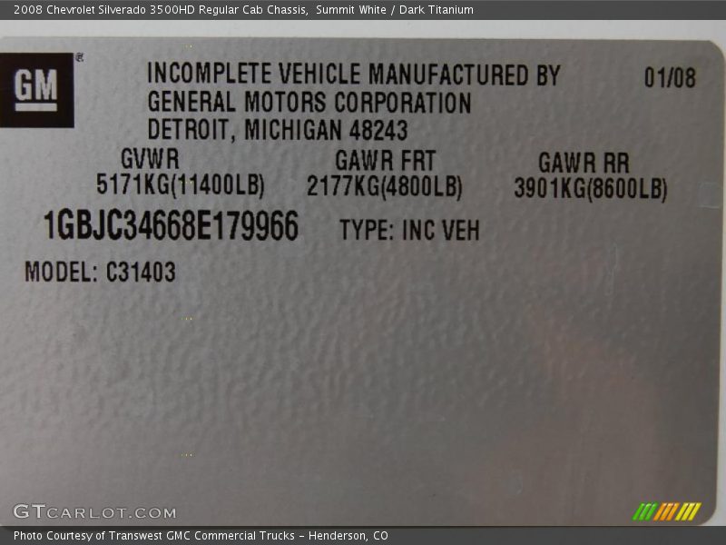 Summit White / Dark Titanium 2008 Chevrolet Silverado 3500HD Regular Cab Chassis