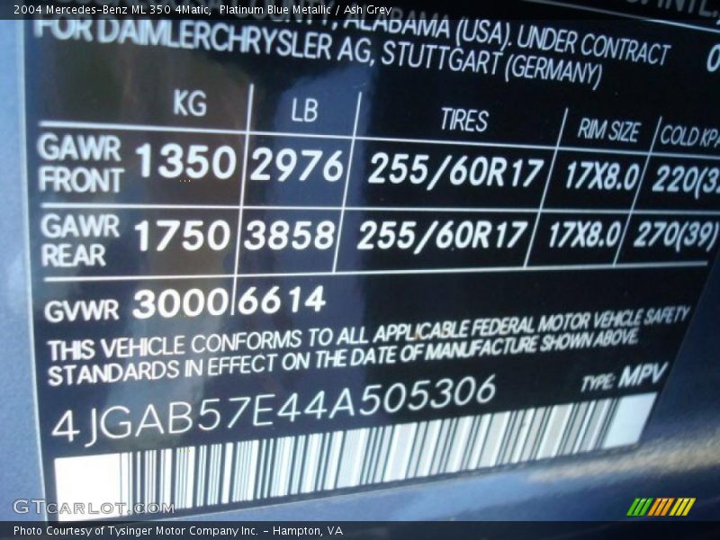 Platinum Blue Metallic / Ash Grey 2004 Mercedes-Benz ML 350 4Matic