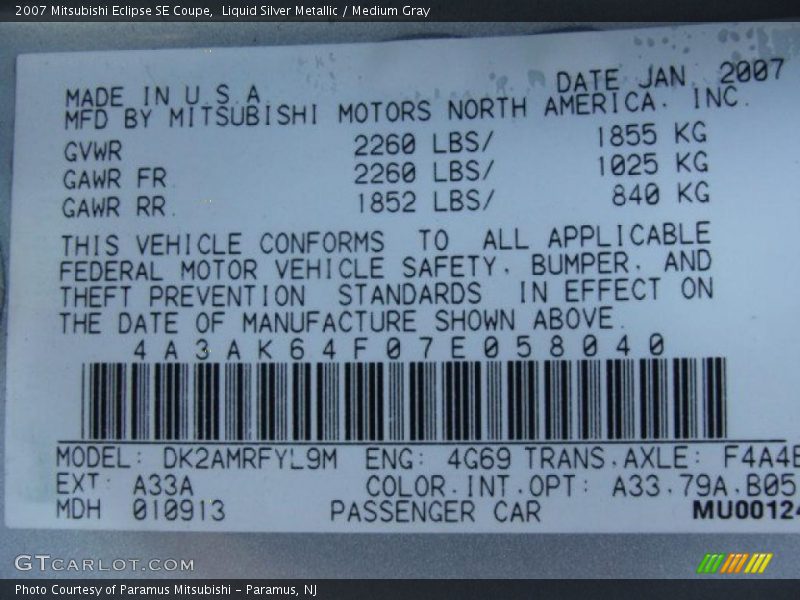 2007 Eclipse SE Coupe Liquid Silver Metallic Color Code A33