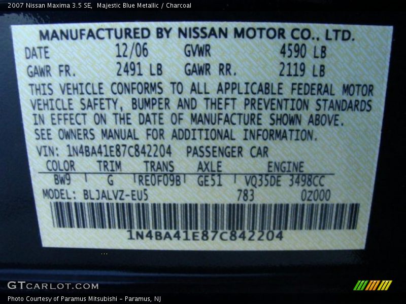 Majestic Blue Metallic / Charcoal 2007 Nissan Maxima 3.5 SE