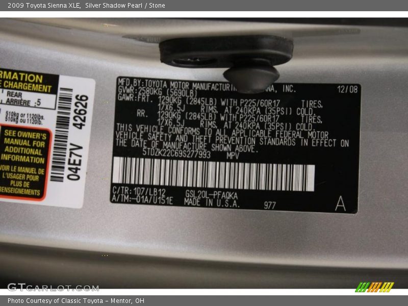 Silver Shadow Pearl / Stone 2009 Toyota Sienna XLE