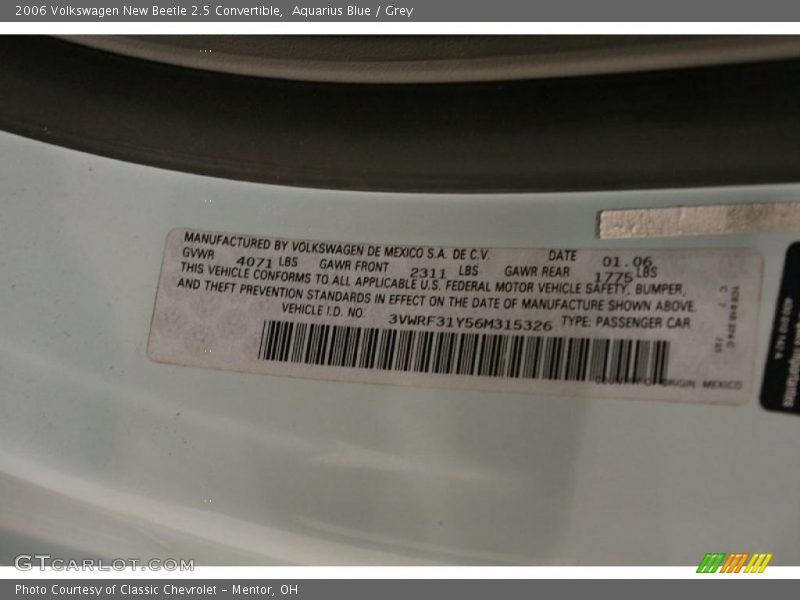 Info Tag of 2006 New Beetle 2.5 Convertible
