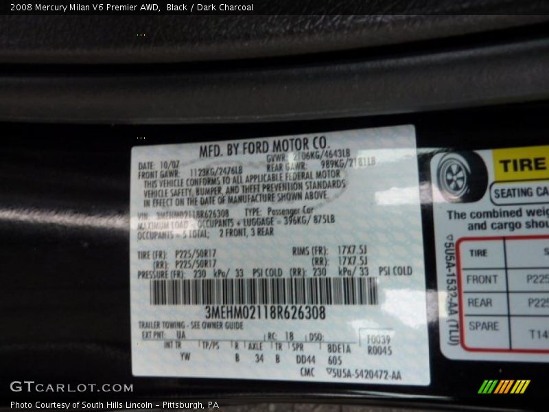 2008 Milan V6 Premier AWD Black Color Code UA