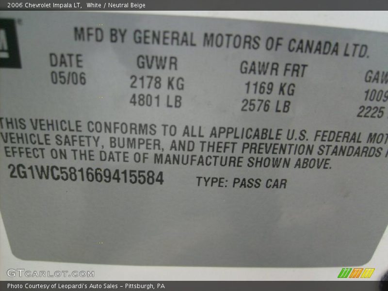 White / Neutral Beige 2006 Chevrolet Impala LT