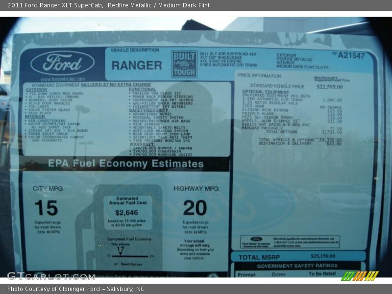  2011 Ranger XLT SuperCab Window Sticker