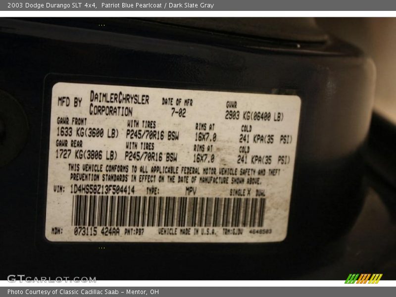 Patriot Blue Pearlcoat / Dark Slate Gray 2003 Dodge Durango SLT 4x4