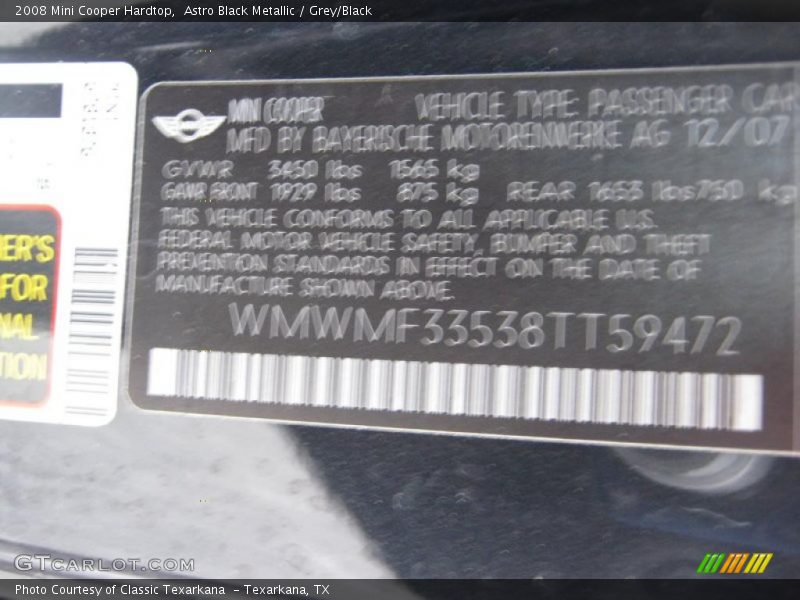 Astro Black Metallic / Grey/Black 2008 Mini Cooper Hardtop
