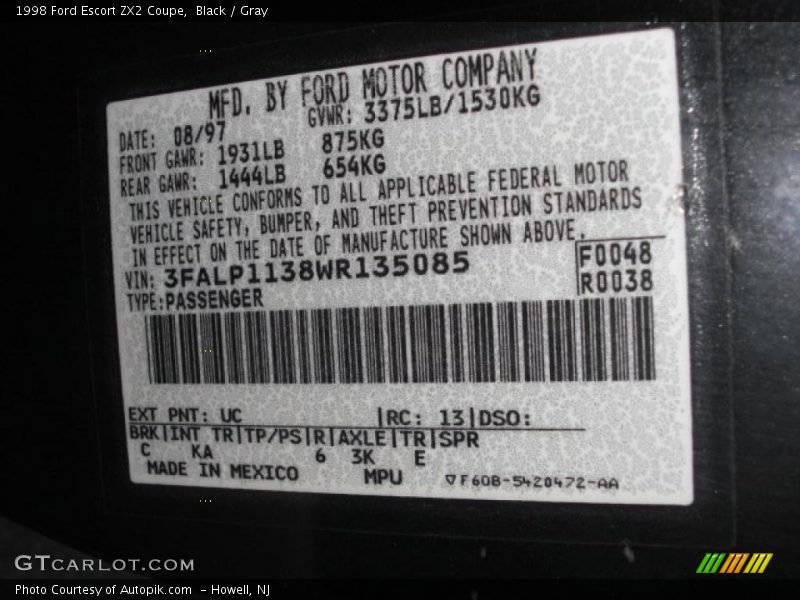 Black / Gray 1998 Ford Escort ZX2 Coupe