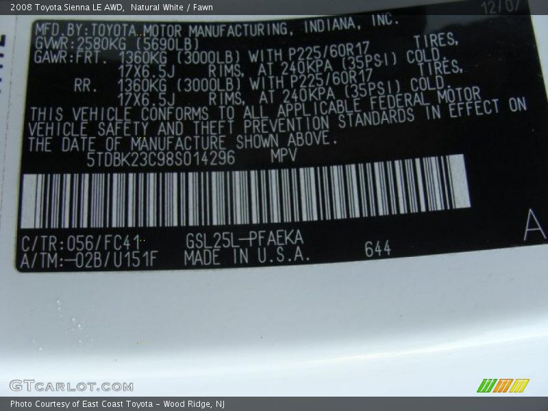 2008 Sienna LE AWD Natural White Color Code 056