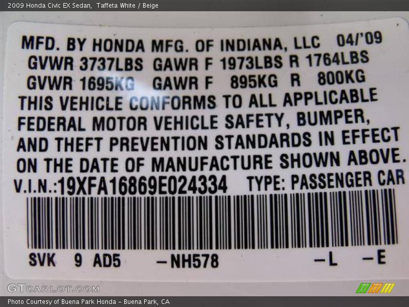 Taffeta White / Beige 2009 Honda Civic EX Sedan